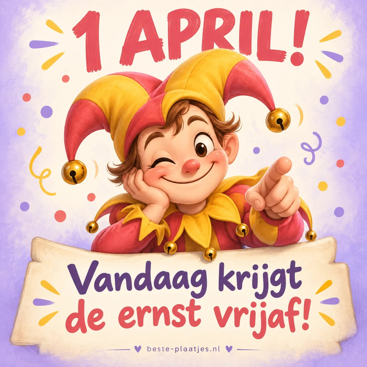 Een lachende nar wijst speels naar de kijker en geeft de ernst een dagje vrij.