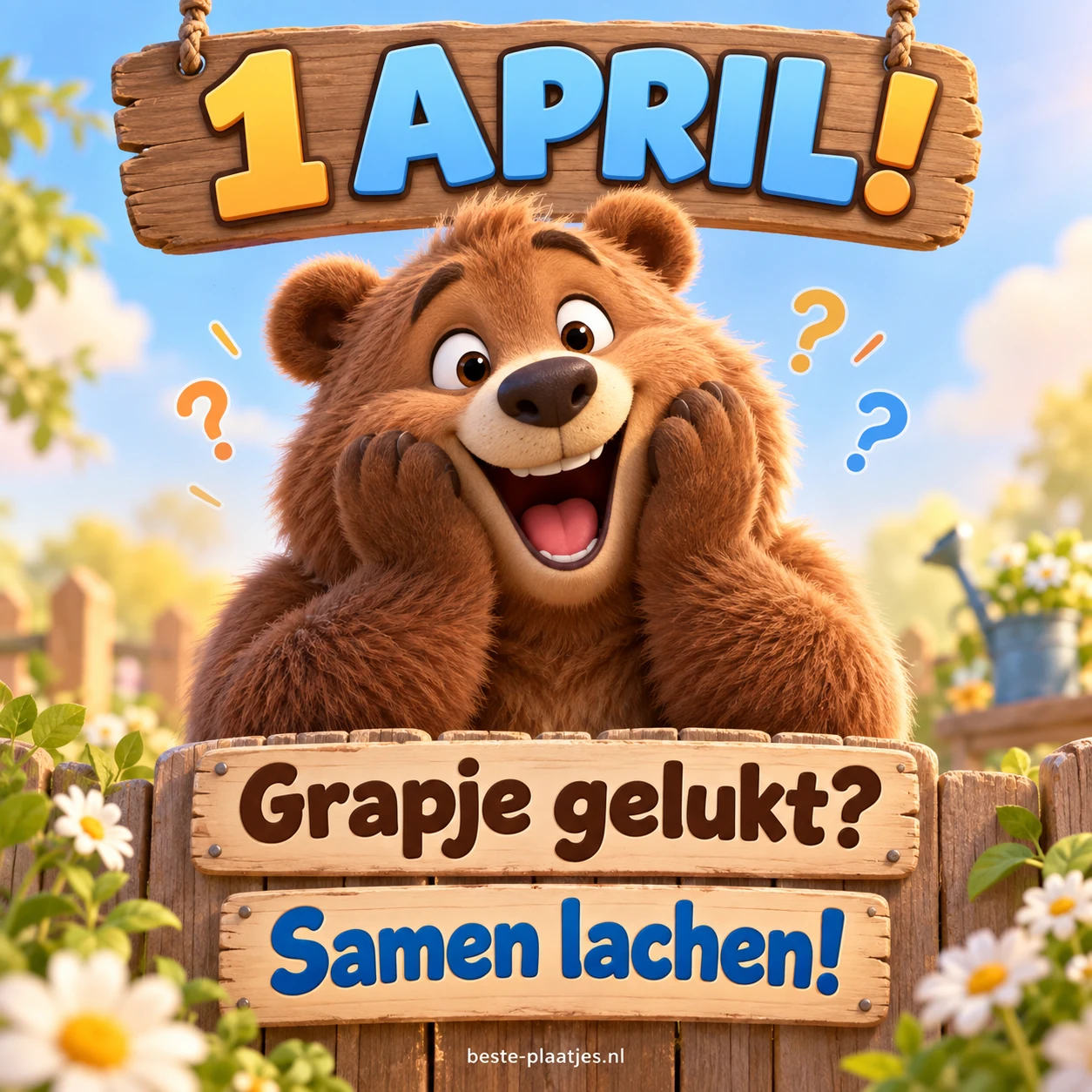 Een verbaasde beer met zijn poten tegen zijn wangen nodigt uit om samen te lachen.