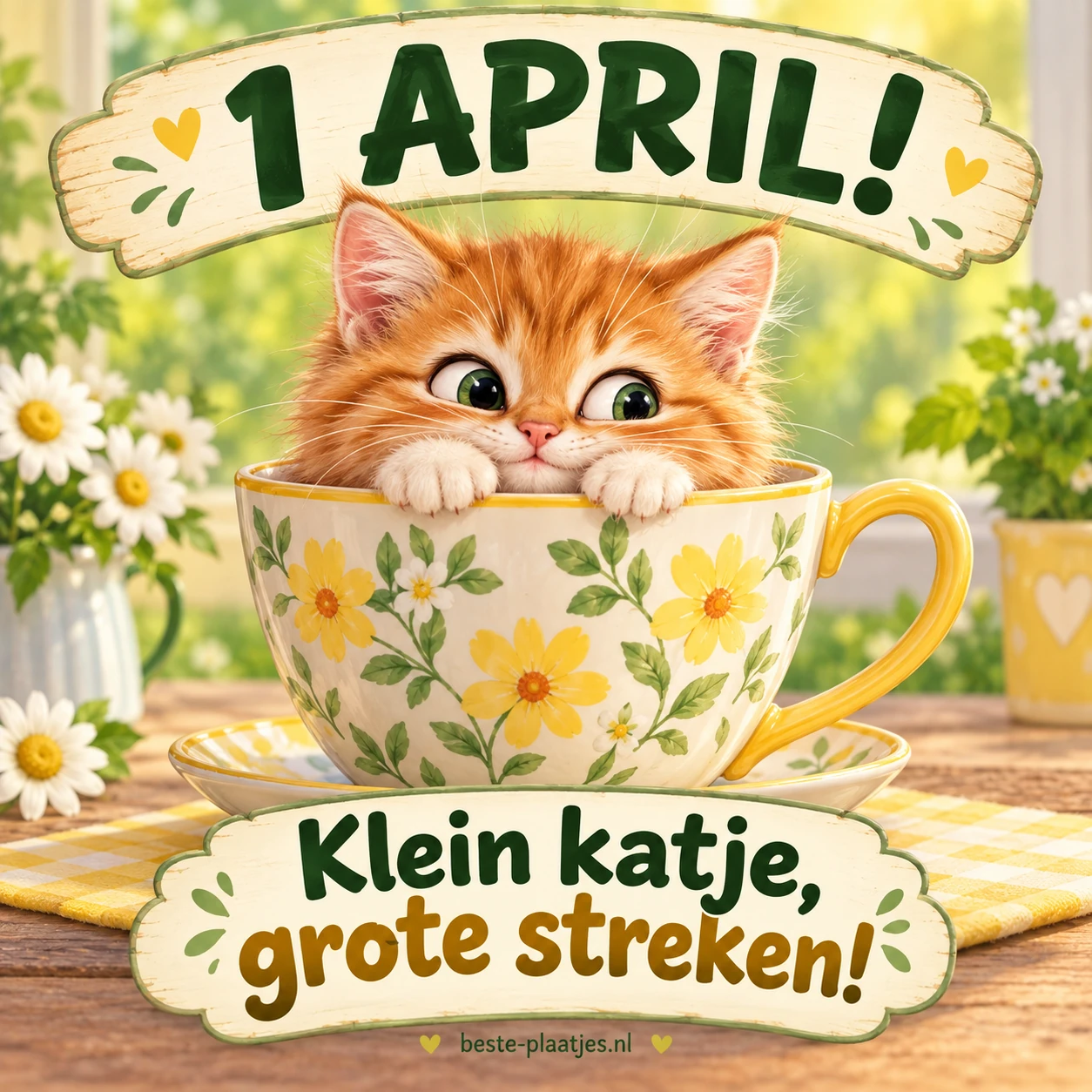 Een ondeugend oranje katje kijkt vanuit een grote bloemenkop alsof het nergens van weet.