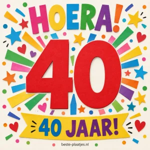 Een groot rood getal 40 springt uit kleurrijke papieren confetti en sterren.
