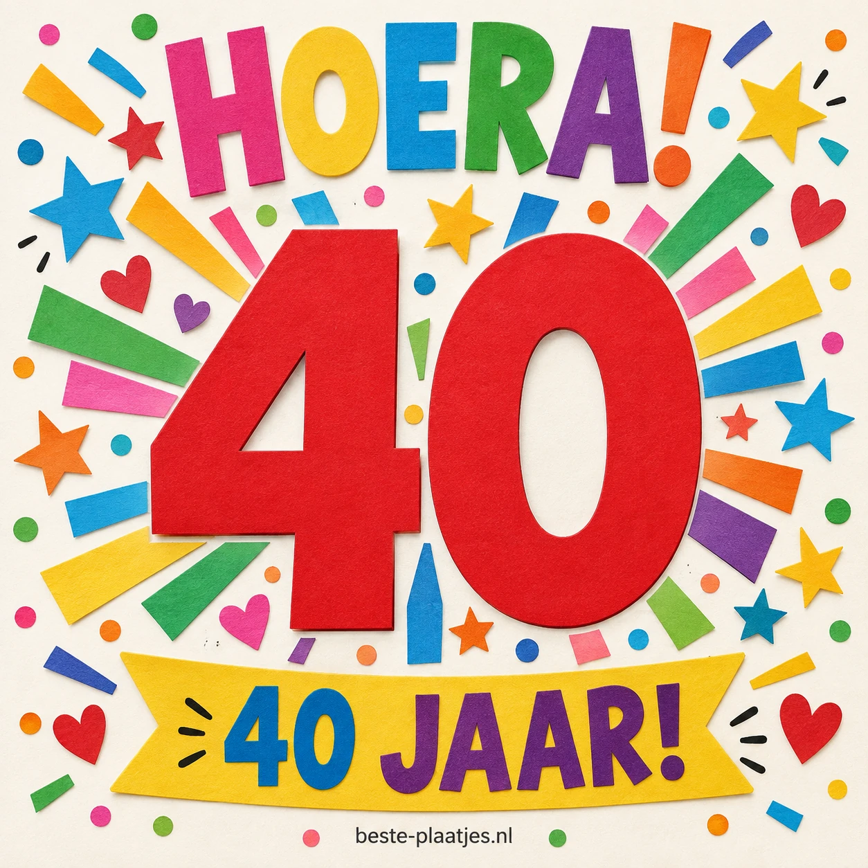 Een groot rood getal 40 springt uit kleurrijke papieren confetti en sterren.