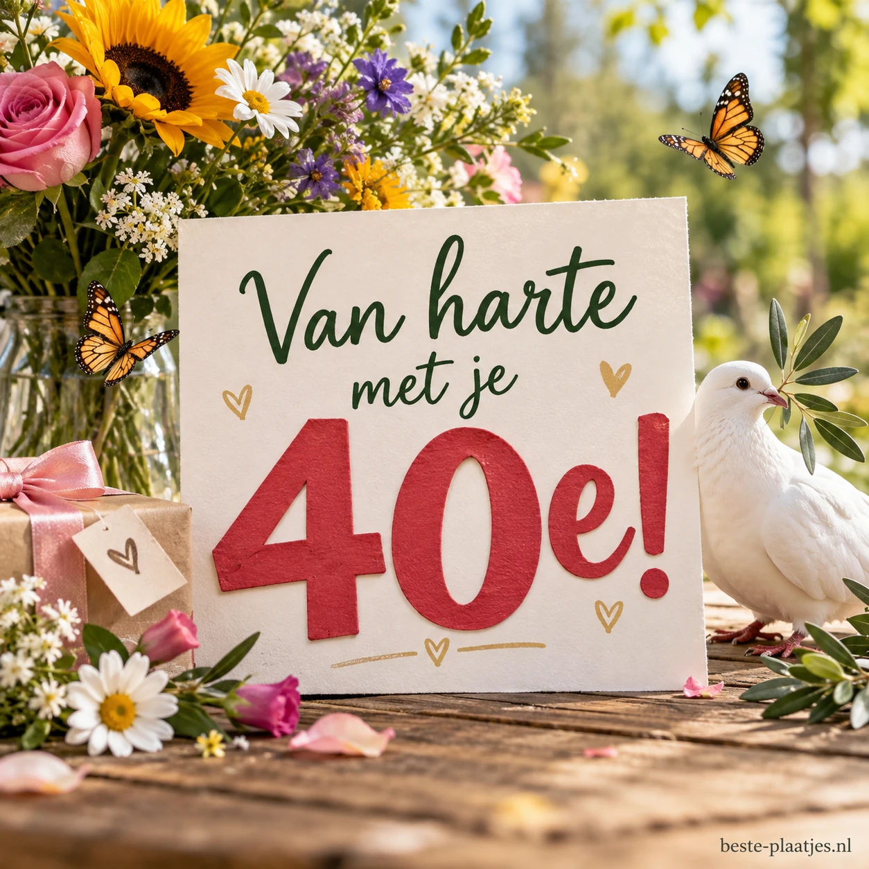 Een kaart voor een 40e verjaardag staat tussen bloemen, vlinders en een witte duif.