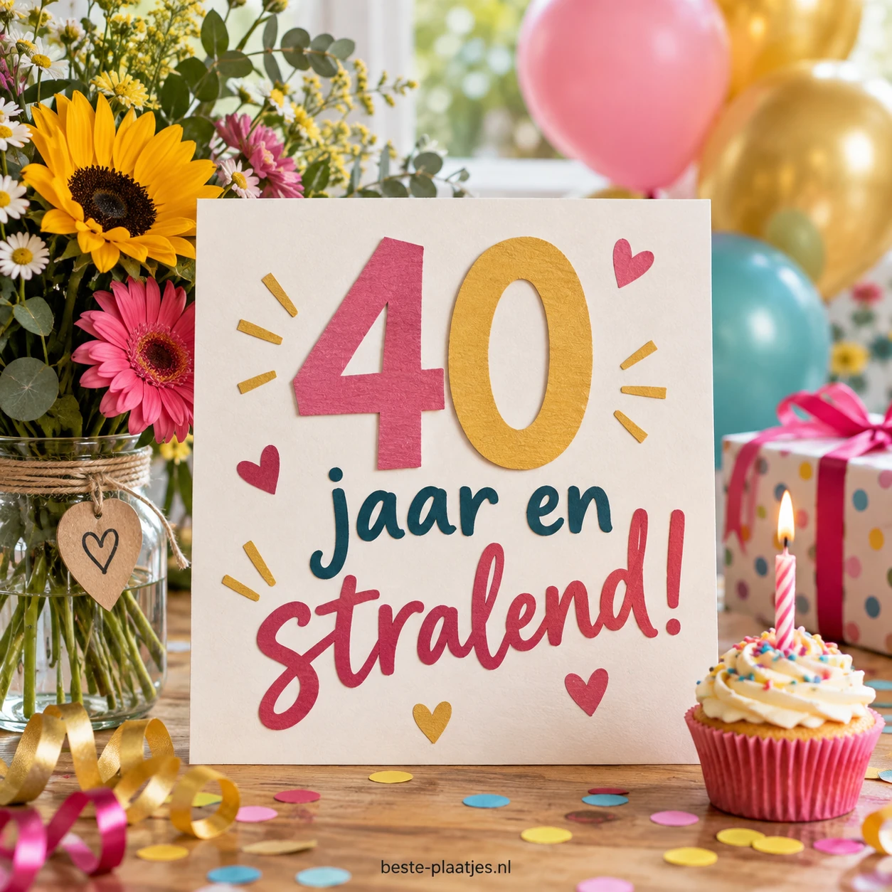 Een feestkaart met het getal 40 staat tussen bloemen, ballonnen en een cupcake.