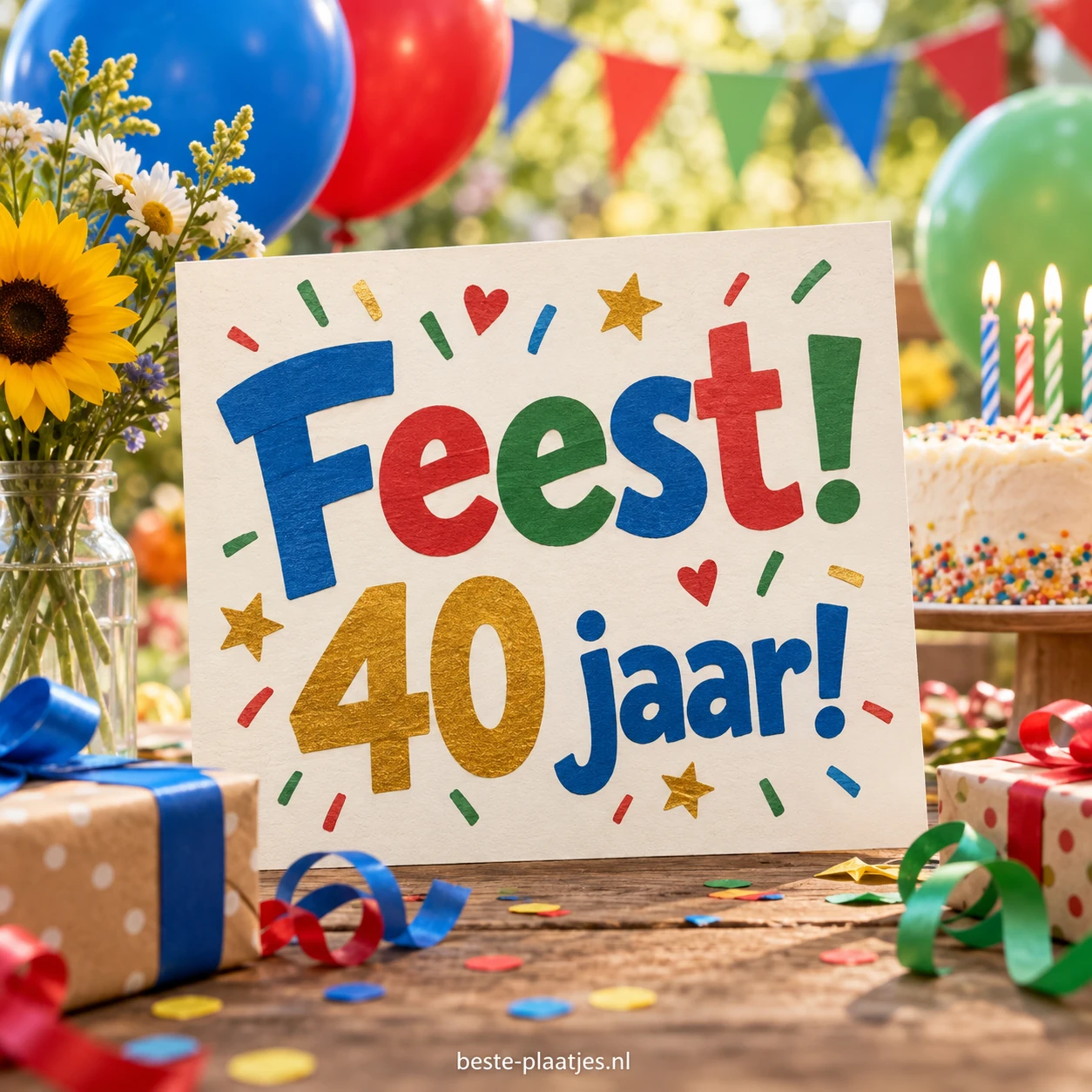 Ballonnen, slingers, cadeaus en een verjaardagstaart omlijsten een vrolijke 40 jaar kaart.