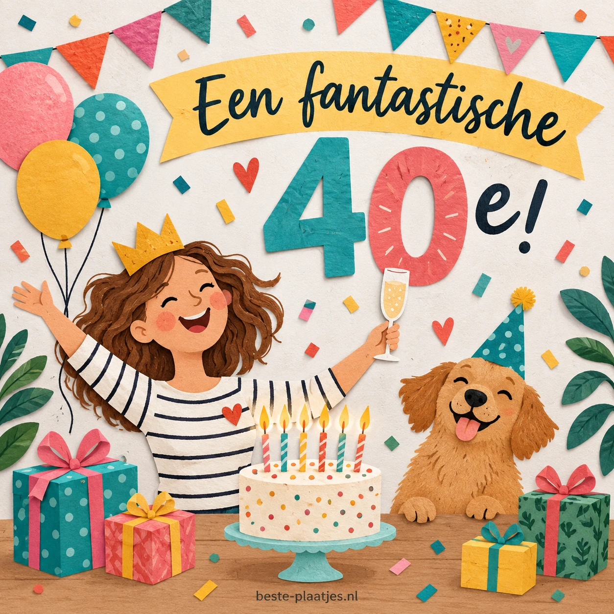 Een feestvierder en een hond zitten tussen cadeaus, ballonnen en een verjaardagstaart.