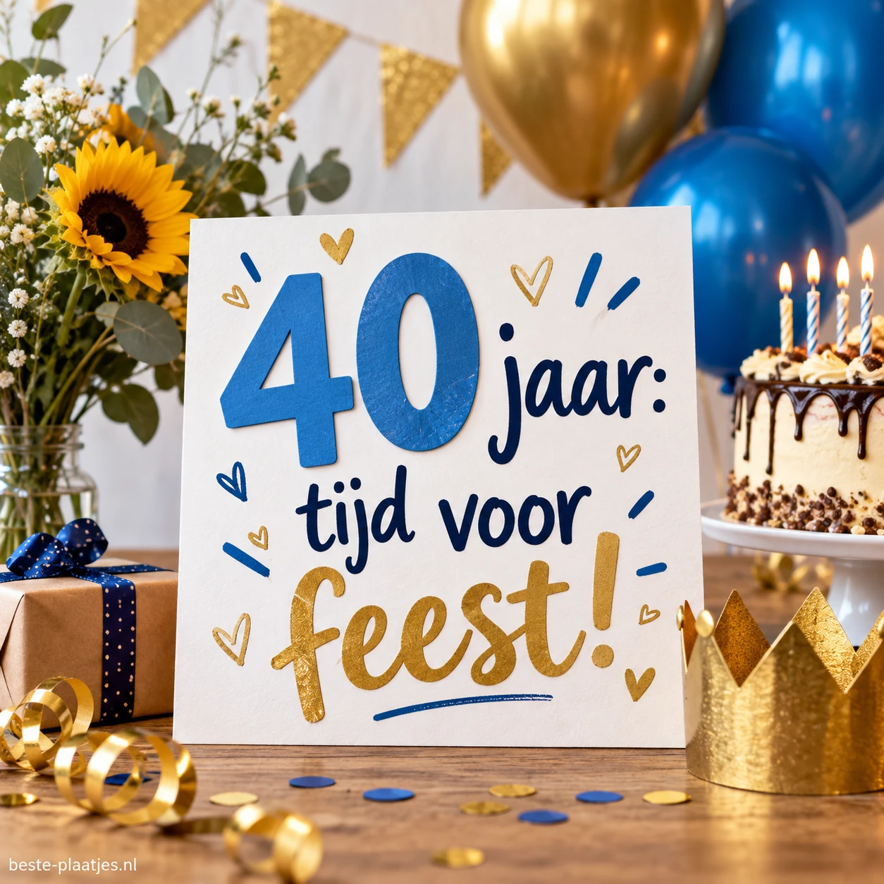 Een feestkaart met blauwe cijfers 40 staat tussen ballonnen, taart en cadeaus.
