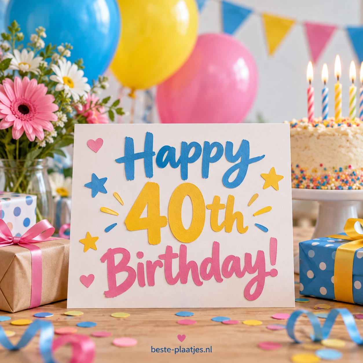 Een kleurrijke 40th Birthday kaart staat voor een taart, bloemen en ballonnen.