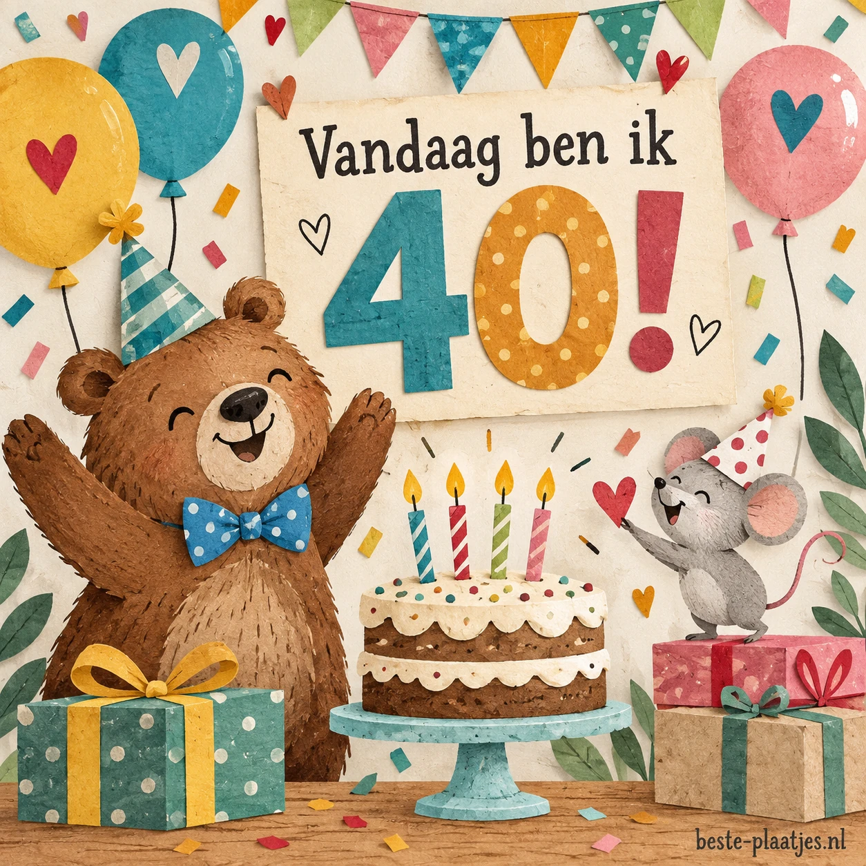 Een beer en een muis vieren een 40e verjaardag met taart, cadeaus en slingers.