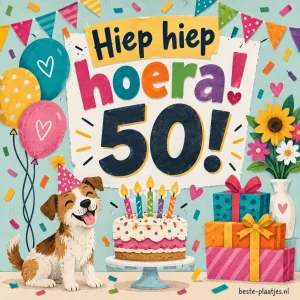 Een vrolijke 50 jaar kaart met hond, ballonnen, taart en cadeaus.