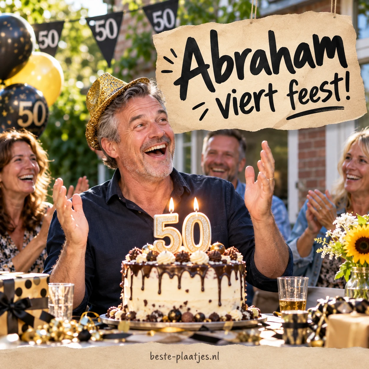 Een lachende man viert zijn vijftigste verjaardag met een taart en gasten.