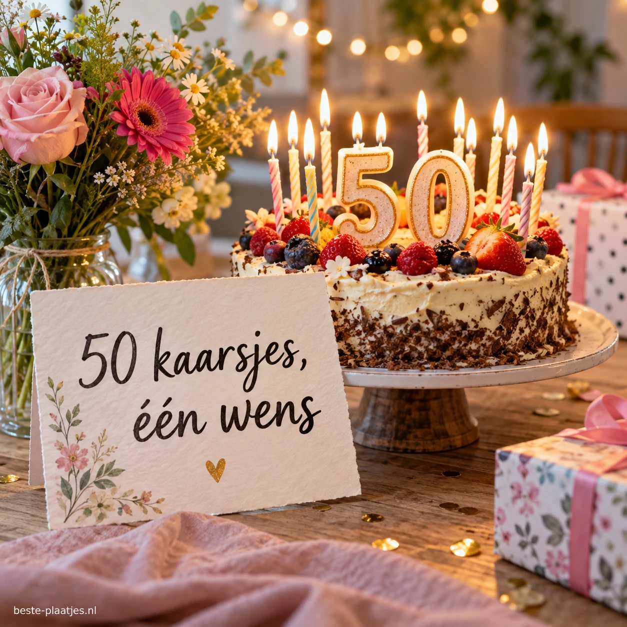 Een feesttaart met brandende kaarsen en een wens voor een vijftigste verjaardag.
