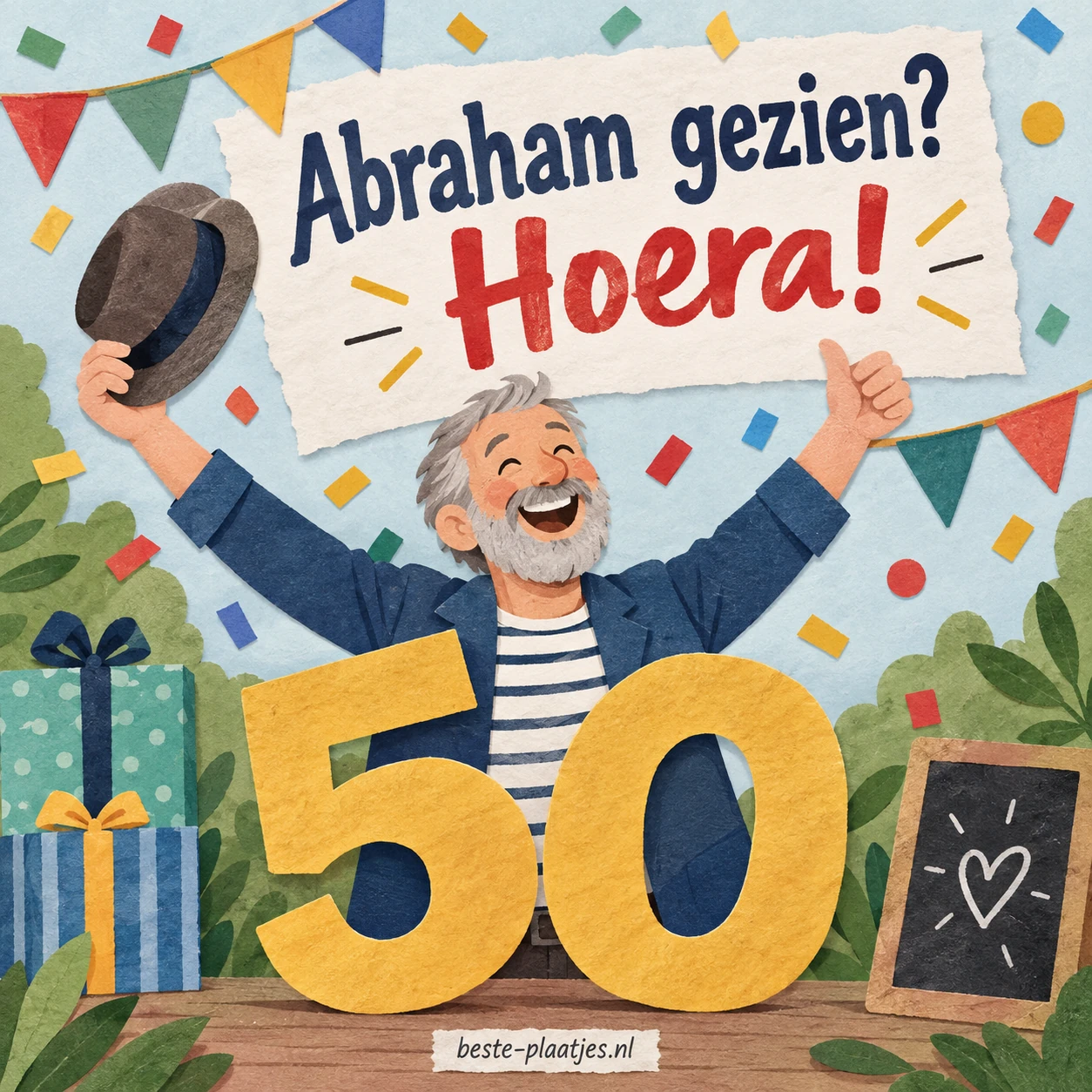 Een vrolijke Abraham staat tussen cadeaus en feestvlaggen bij grote gouden cijfers 50.