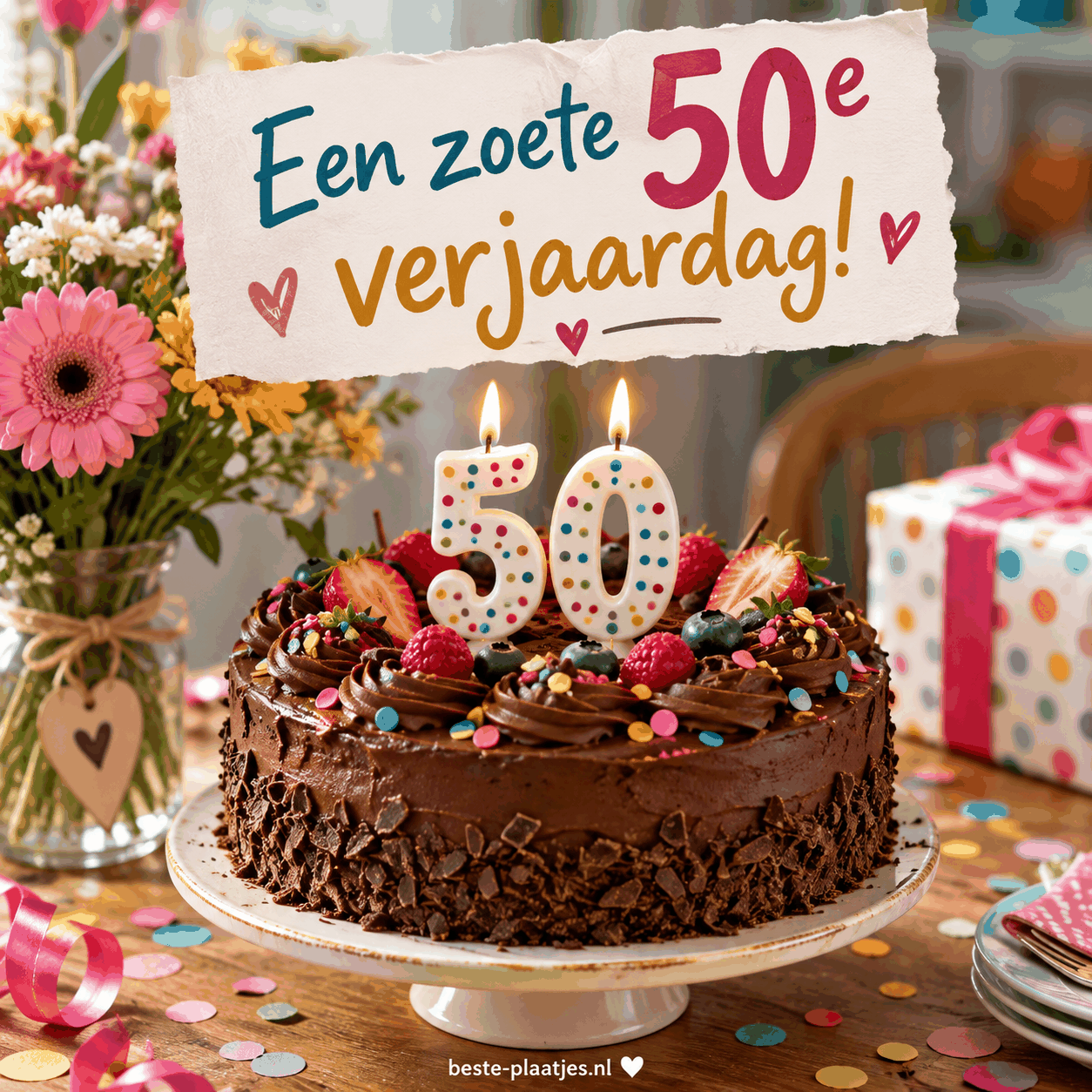Een chocoladetaart met kaarsen staat naast een vrolijke verjaardagswens.