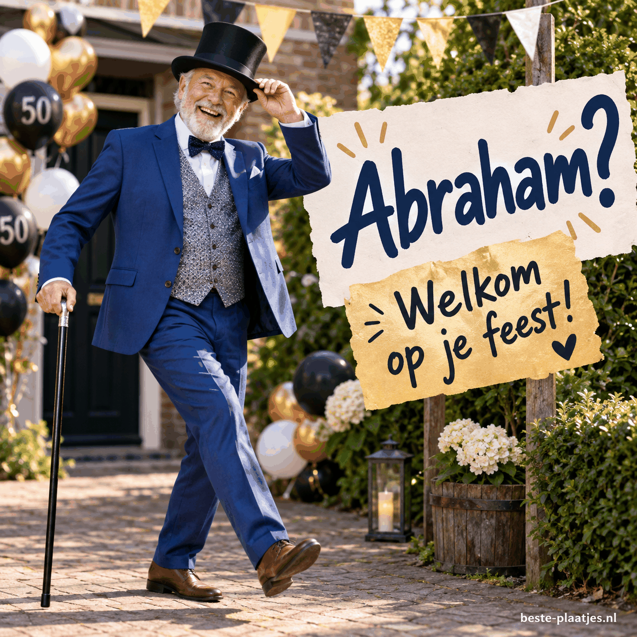 Een man in blauw pak en hoge hoed wandelt feestelijk naar zijn verjaardagsfeest.