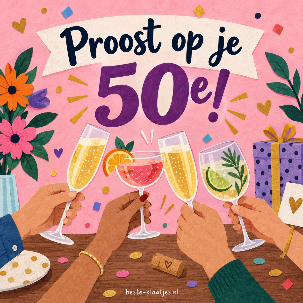 Vrienden heffen kleurrijke glazen voor een vijftigste verjaardag.