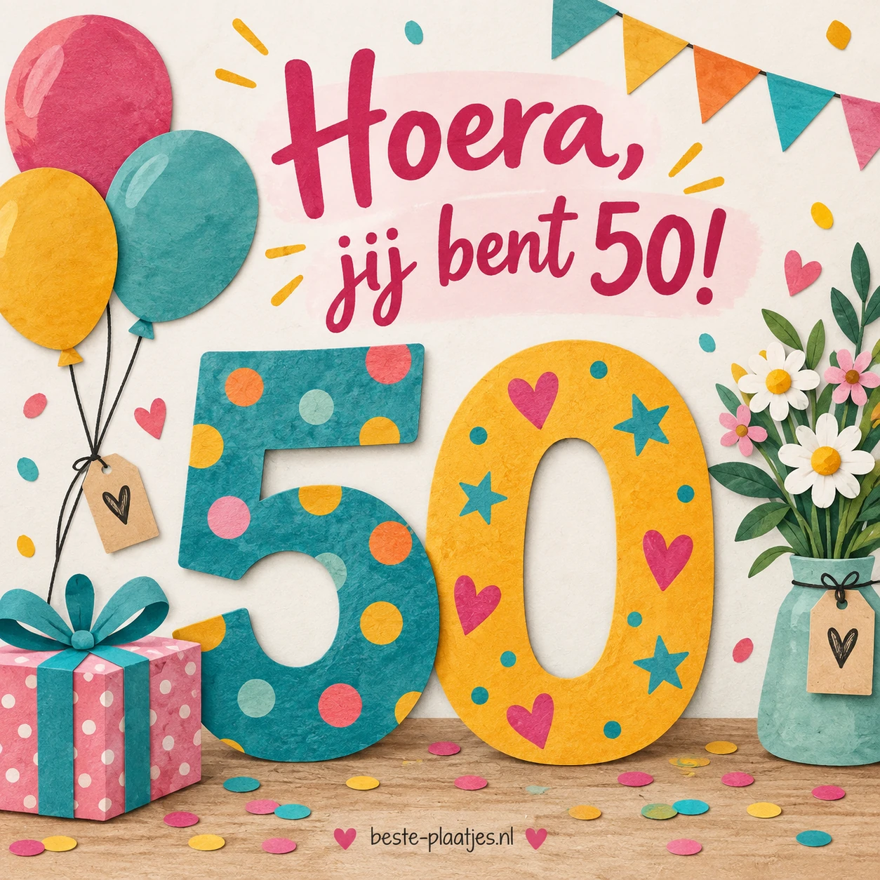 Een feestelijke kaart met grote cijfers 50, ballonnen en cadeaus.