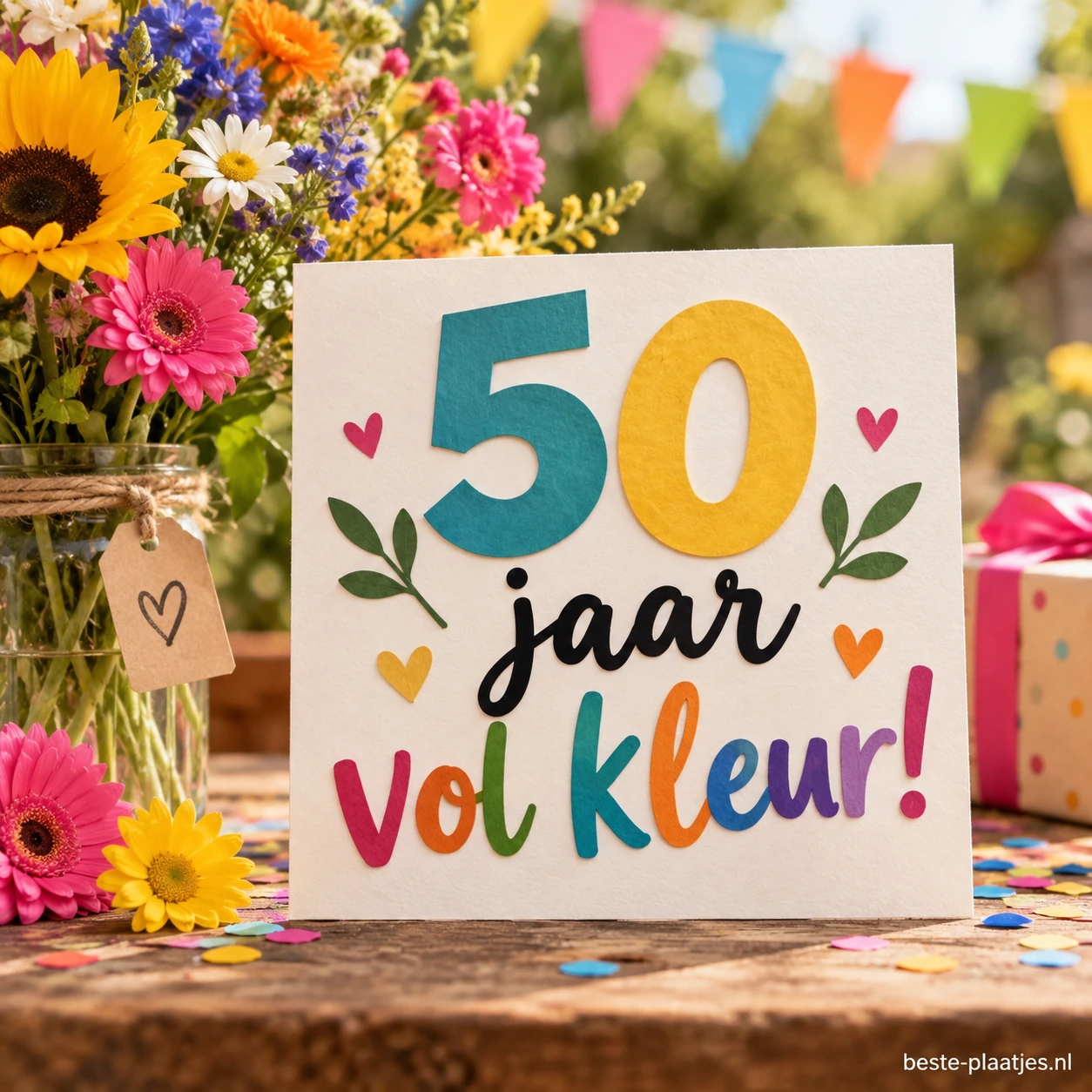 Een 50 jaar kaart staat tussen zomerse bloemen en feestballonnen.