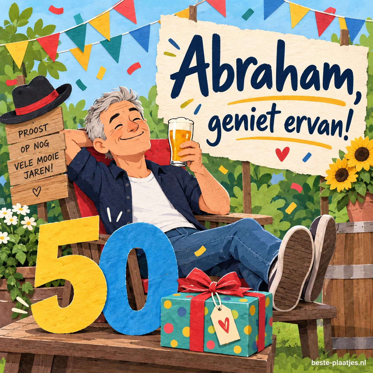 Abraham viert zijn verjaardag met een drankje tussen cadeaus en feestvlaggen.