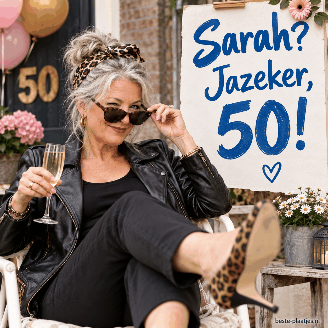 Een stijlvolle Sarah heft een glas bij haar vijftigste verjaardag.