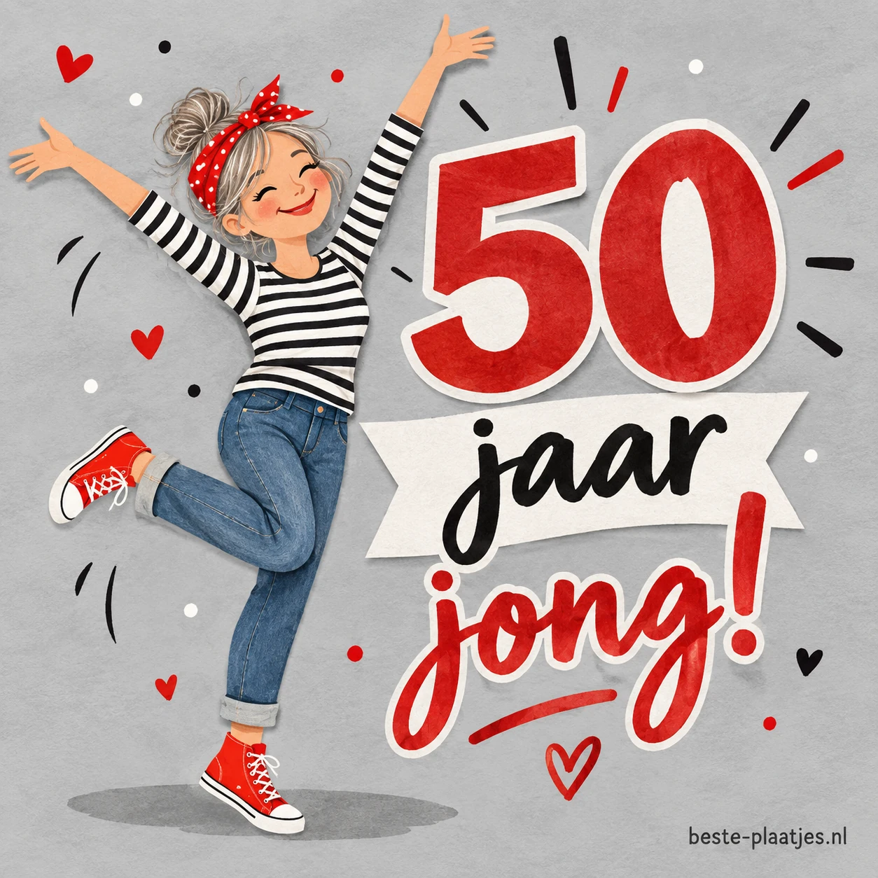 Een blije jarige springt naast grote cijfers 50 en kleurrijke confetti. Een blije jarige springt naast grote cijfers 50 en kleurrijke confetti.