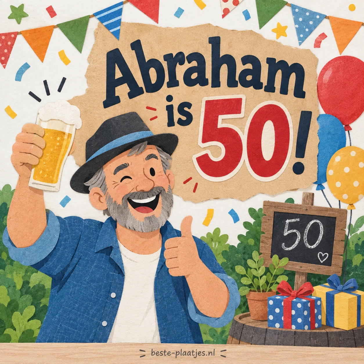 Een lachende Abraham met feesthoed heft het glas tussen ballonnen en cadeaus. Een lachende Abraham met feesthoed heft het glas tussen ballonnen en cadeaus.
