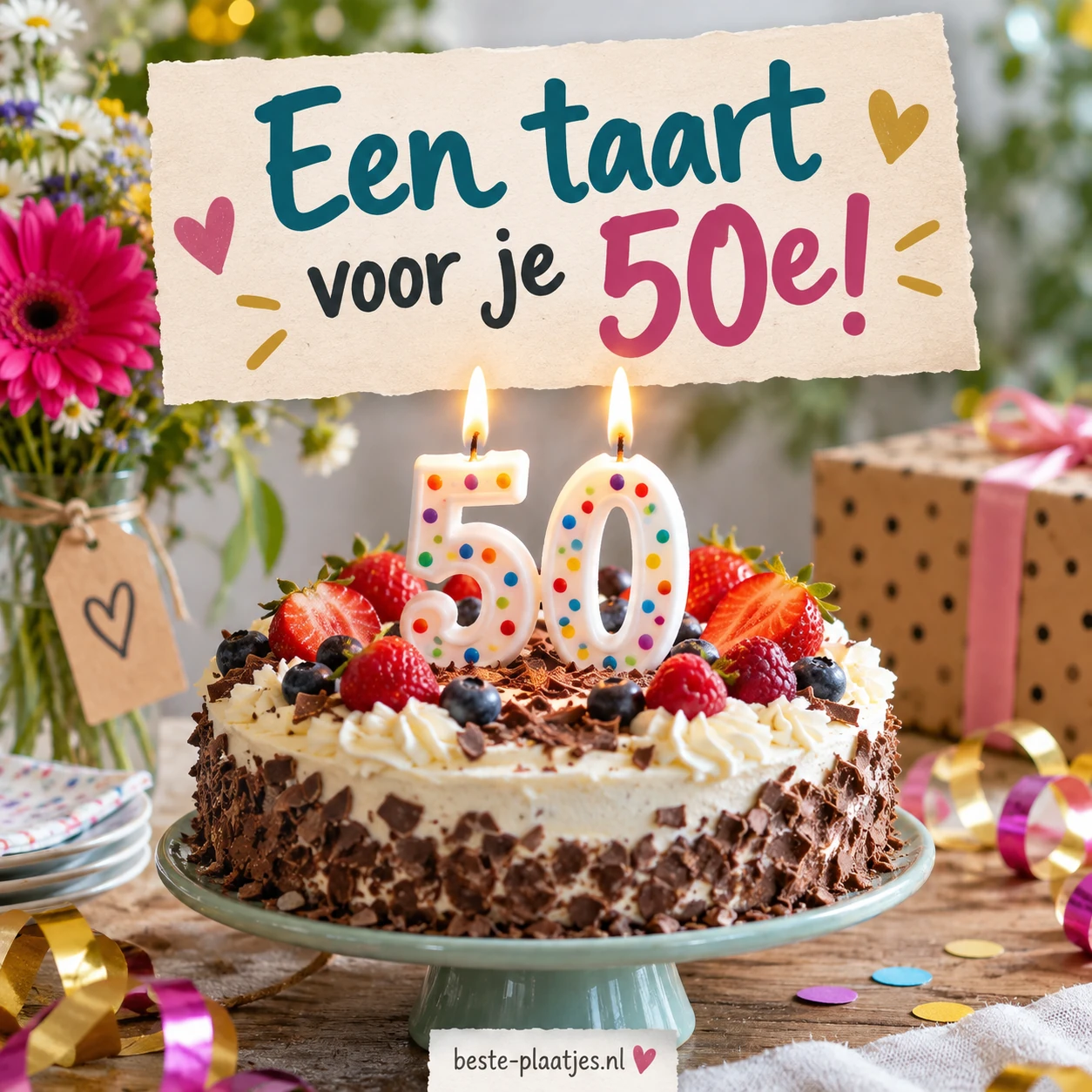 Een verjaardagstaart met vijftig kaarsjes staat tussen bloemen en cadeaus. Een verjaardagstaart met vijftig kaarsjes staat tussen bloemen en cadeaus.