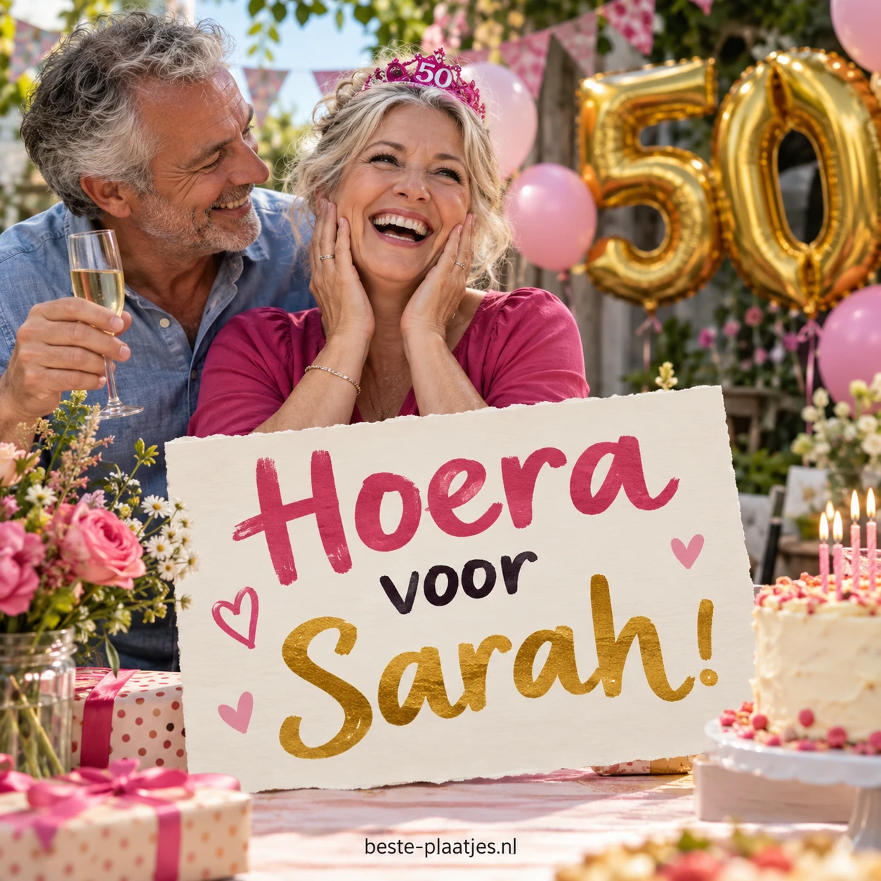 Een jarig stel viert Sarahs verjaardag met taart, bloemen en gouden ballonnen. Een jarig stel viert Sarahs verjaardag met taart, bloemen en gouden ballonnen.