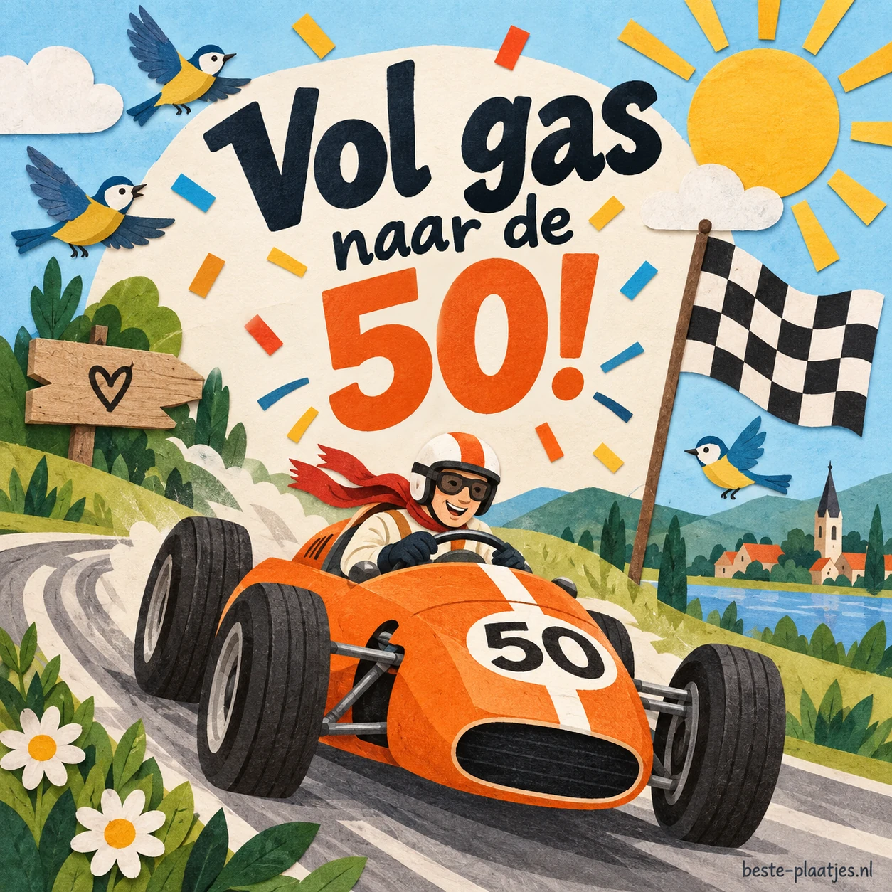 Een oranje raceauto met nummer 50 rijdt tussen bloemen en feestvlaggen. Een oranje raceauto met nummer 50 rijdt tussen bloemen en feestvlaggen.