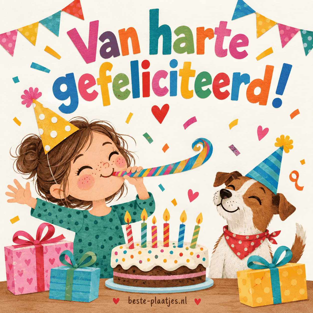 Een feestelijk meisje blaast een toeter naast een hond, taart en cadeaus. Een feestelijk meisje blaast een toeter naast een hond, taart en cadeaus.