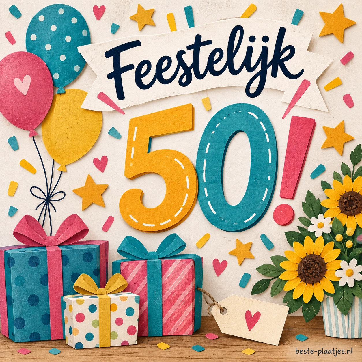 Een kleurrijke kaart met cijfers 50 staat tussen cadeaus, bloemen en ballonnen. Een kleurrijke kaart met cijfers 50 staat tussen cadeaus, bloemen en ballonnen.