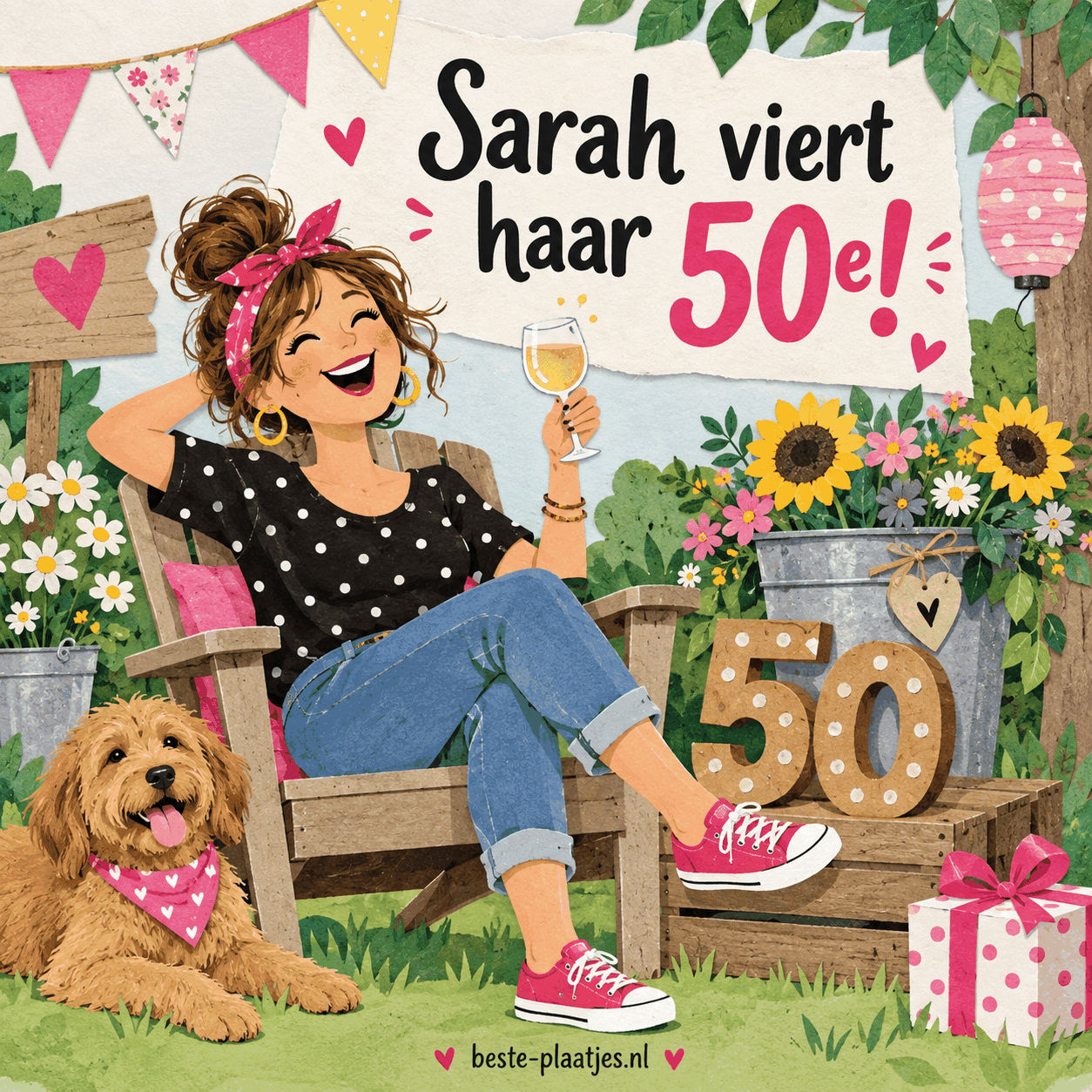Een vrolijke Sarah zit met haar hond tussen bloemen en verjaardagsversiering. Een vrolijke Sarah zit met haar hond tussen bloemen en verjaardagsversiering.