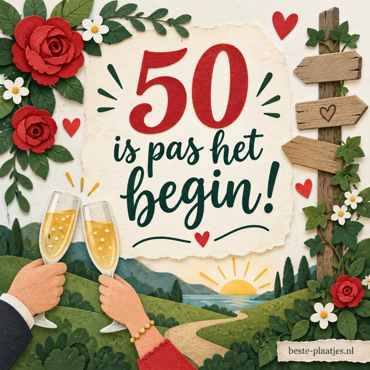 Een sierlijke kaart met rozen en cijfers 50 staat boven een heuvellandschap. Een sierlijke kaart met rozen en cijfers 50 staat boven een heuvellandschap.