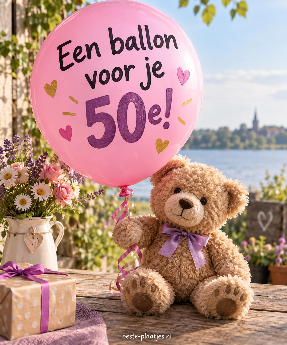 Een teddybeer houdt een roze ballon met een wens voor een vijftigste verjaardag vast. Een teddybeer houdt een roze ballon met een wens voor een vijftigste verjaardag vast.