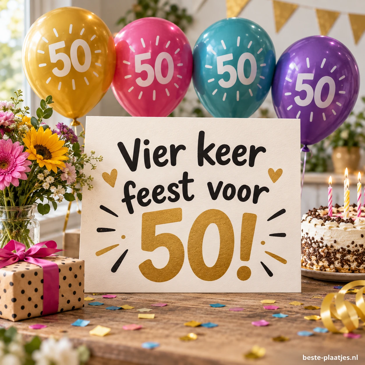 Vier ballonnen met het getal 50 zweven boven een verjaardagskaart en cadeaus. Vier ballonnen met het getal 50 zweven boven een verjaardagskaart en cadeaus.