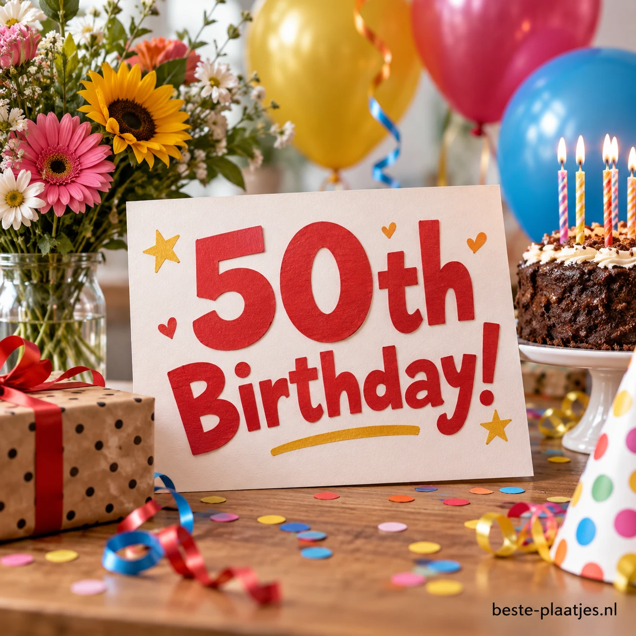 Een 50th Birthday kaart staat tussen ballonnen, bloemen en taart. Een 50th Birthday kaart staat tussen ballonnen, bloemen en taart.