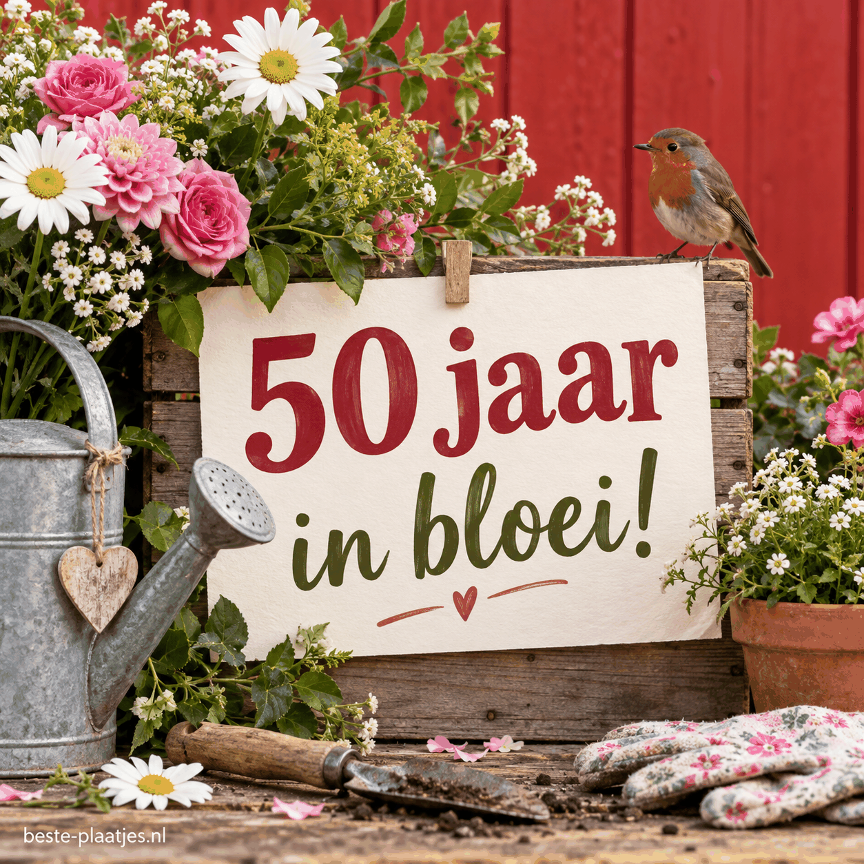 Een houten verjaardagsbord staat tussen bloemen en tuingereedschap. Een houten verjaardagsbord staat tussen bloemen en tuingereedschap.