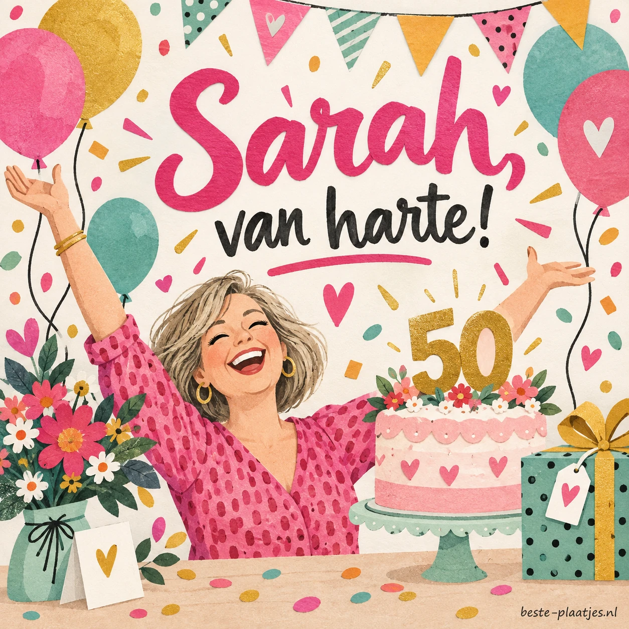 Sarah viert haar vijftigste verjaardag tussen taart, cadeaus en ballonnen. Sarah viert haar vijftigste verjaardag tussen taart, cadeaus en ballonnen.