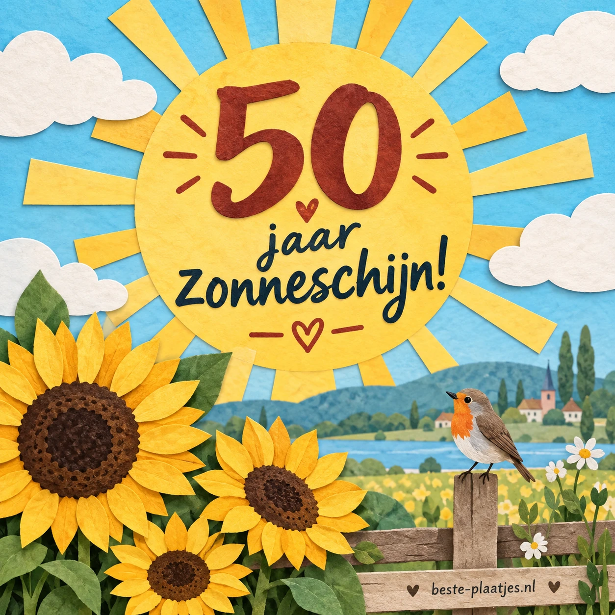 Een zonnig landschap met zonnebloemen en een grote gouden 50. Een zonnig landschap met zonnebloemen en een grote gouden 50.