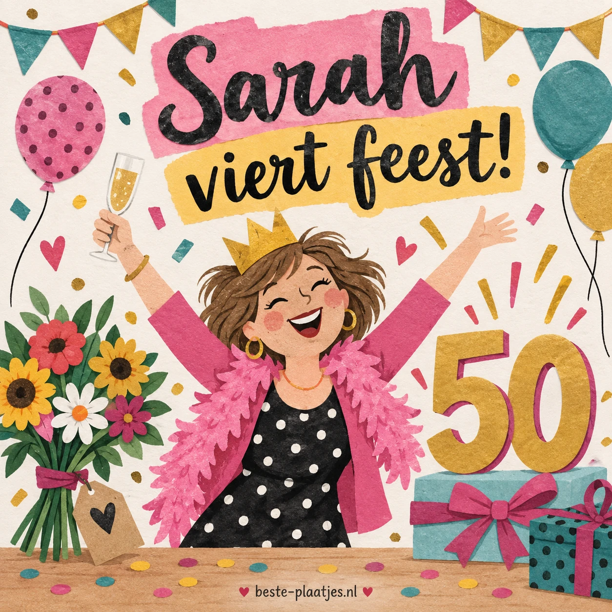Een vrolijke Sarah viert haar verjaardag tussen bloemen en cadeaus. Een vrolijke Sarah viert haar verjaardag tussen bloemen en cadeaus.