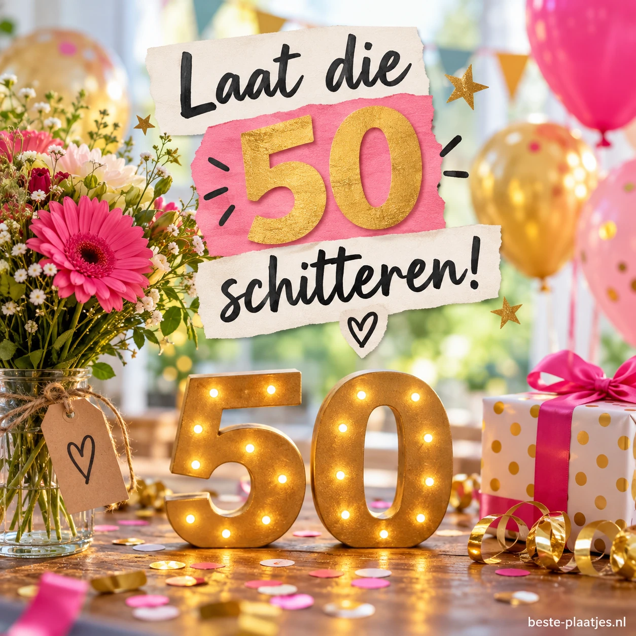 Gouden verlichte cijfers 50 staan tussen bloemen en ballonnen. Gouden verlichte cijfers 50 staan tussen bloemen en ballonnen.