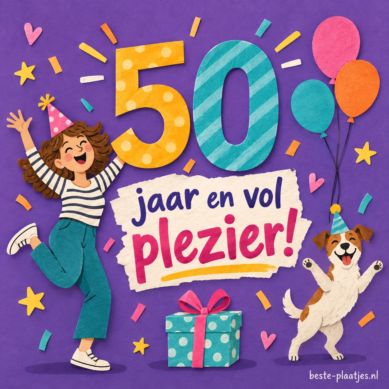 Een feestvierder springt naast grote kleurrijke cijfers 50 en een hond. Een feestvierder springt naast grote kleurrijke cijfers 50 en een hond.
