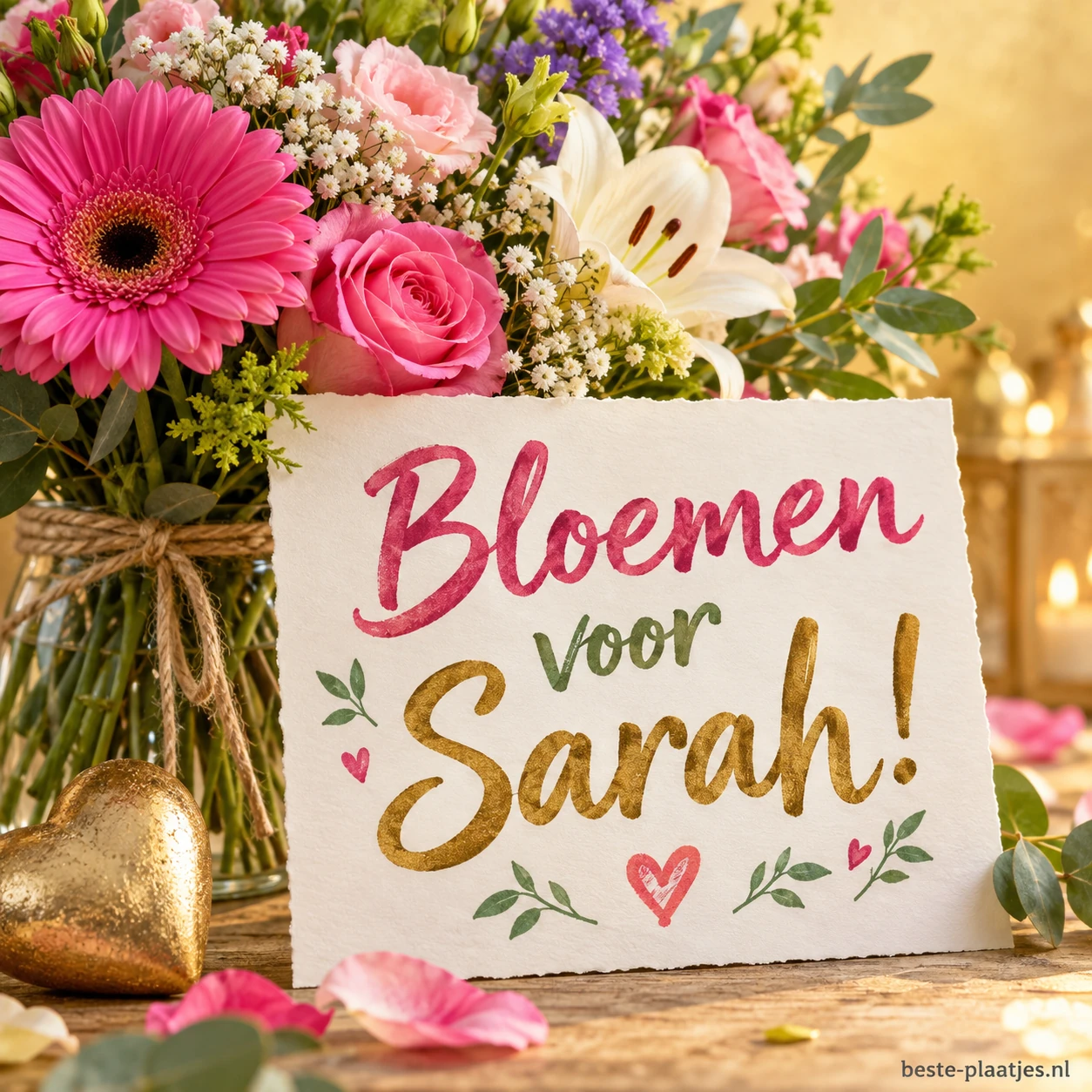 Een boeket met roze bloemen draagt een verjaardagswens voor Sarah. Een boeket met roze bloemen draagt een verjaardagswens voor Sarah.