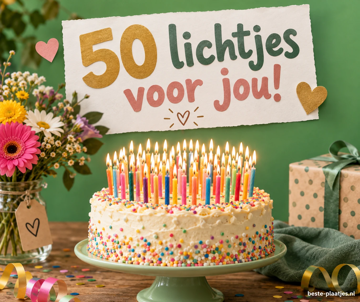 Een taart met vijftig kaarsjes staat tussen bloemen en cadeaus. Een taart met vijftig kaarsjes staat tussen bloemen en cadeaus.