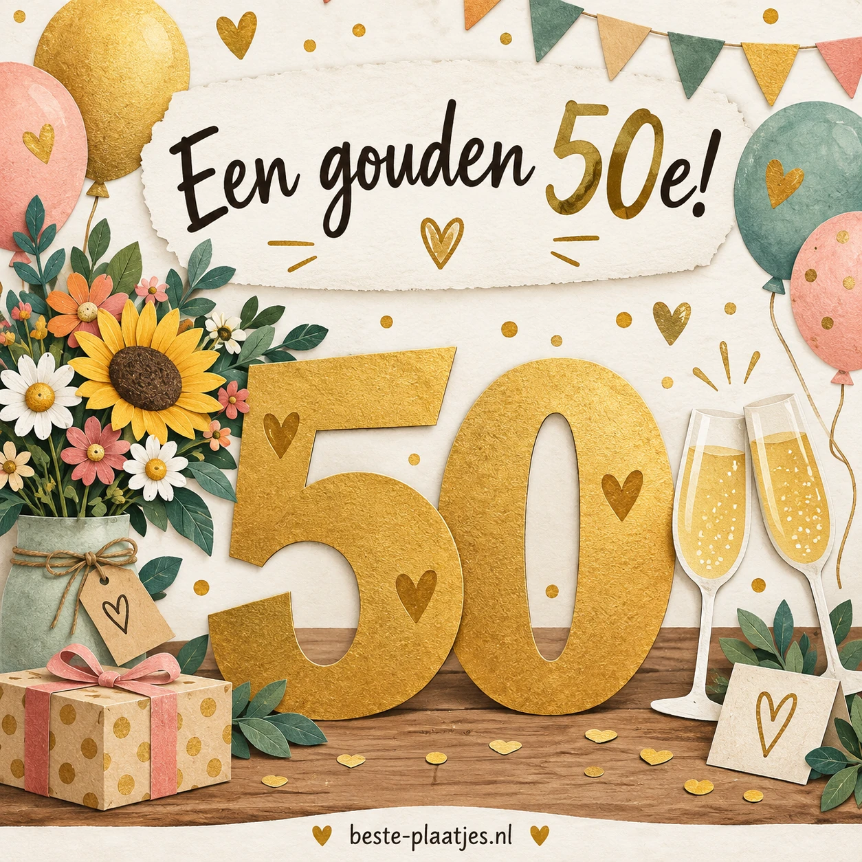 Grote gouden cijfers 50 staan tussen bloemen, cadeaus en champagneglazen. Grote gouden cijfers 50 staan tussen bloemen, cadeaus en champagneglazen.