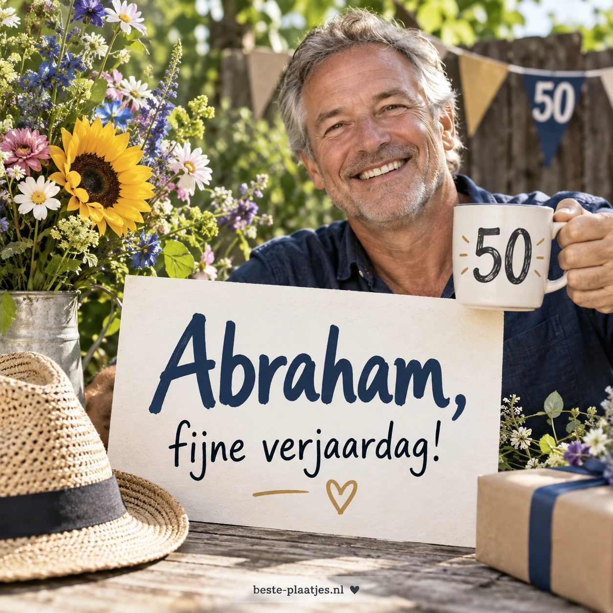 Een lachende Abraham houdt een verjaardagskaart en een mok vast. Een lachende Abraham houdt een verjaardagskaart en een mok vast.