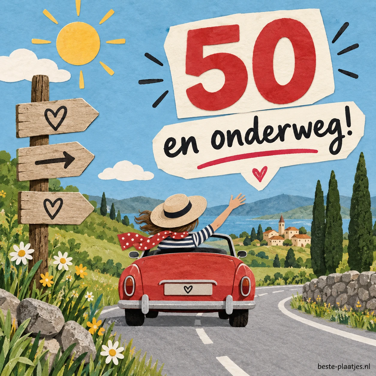 Een rode cabrio rijdt door een zonnig landschap onder een 50 jaar wens. Een rode cabrio rijdt door een zonnig landschap onder een 50 jaar wens.