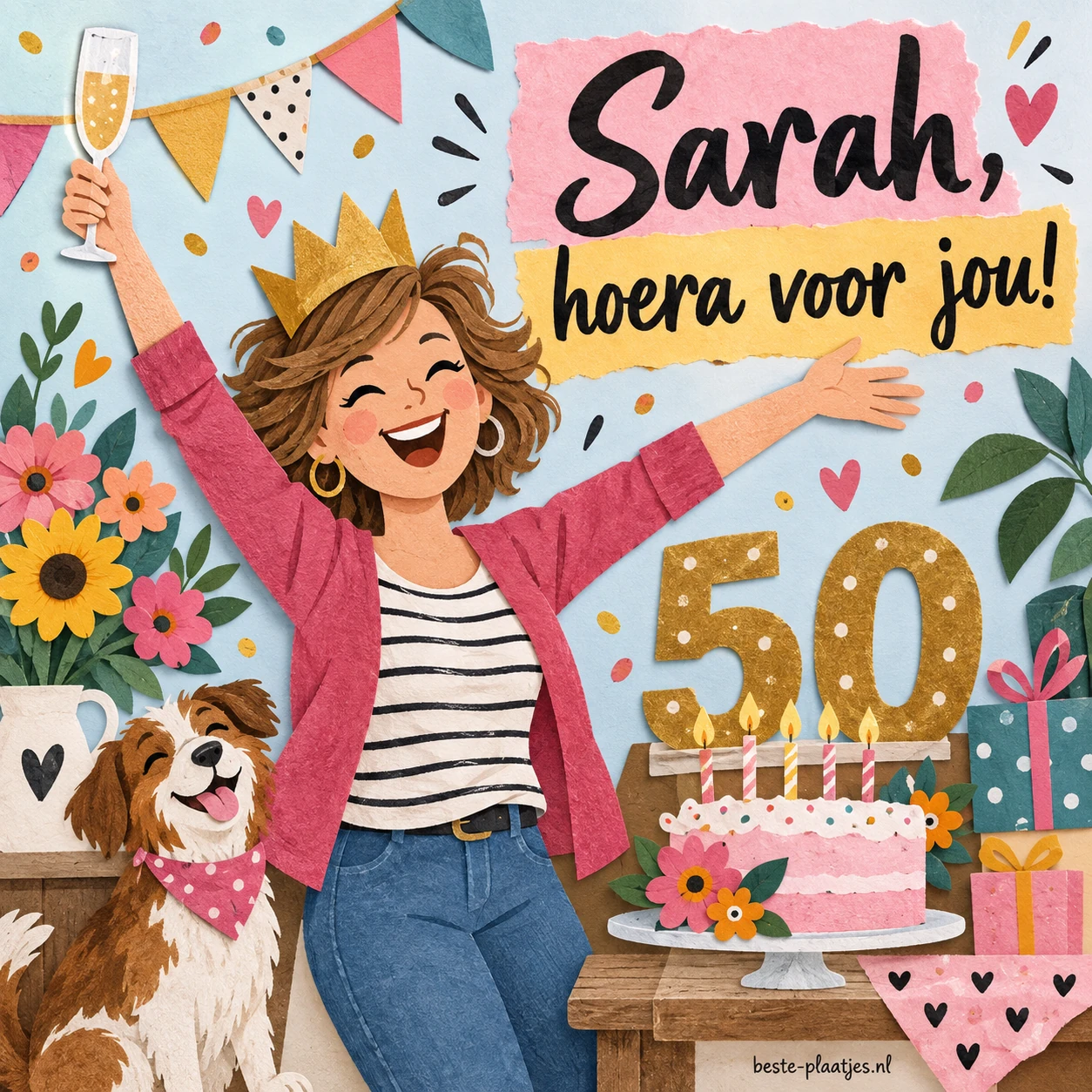 Sarah heft een glas tussen taart, bloemen en haar hond. Sarah heft een glas tussen taart, bloemen en haar hond.
