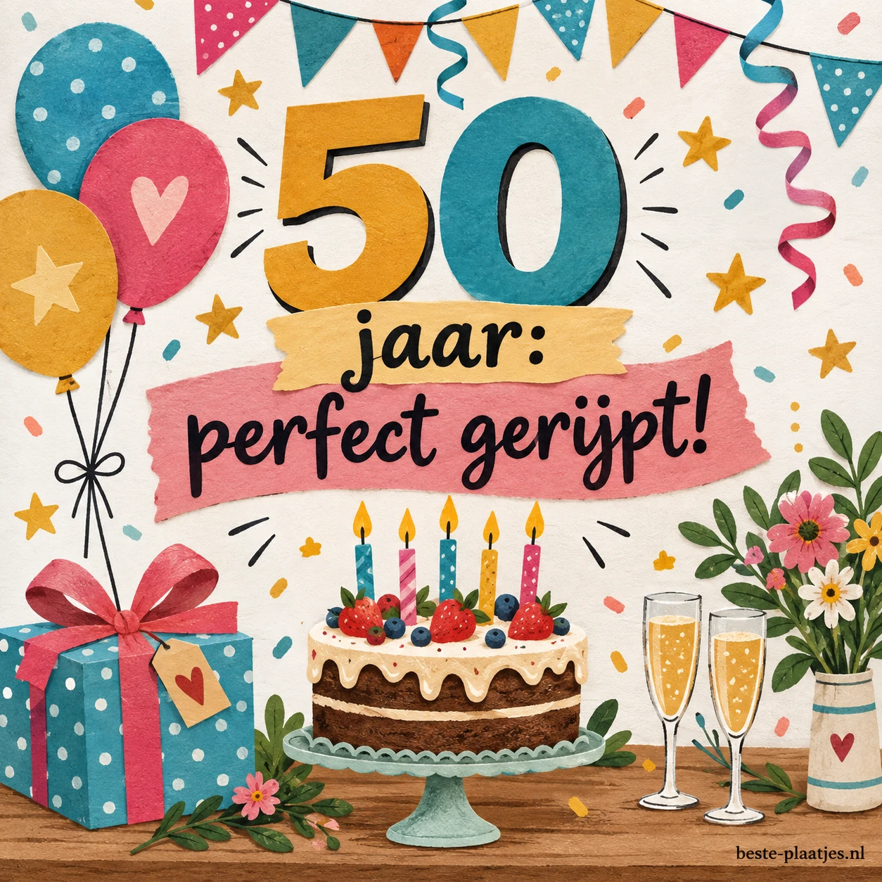 Een kleurrijke felicitatiekaart met cijfers 50, cadeaus, bloemen en taart. Een kleurrijke felicitatiekaart met cijfers 50, cadeaus, bloemen en taart.