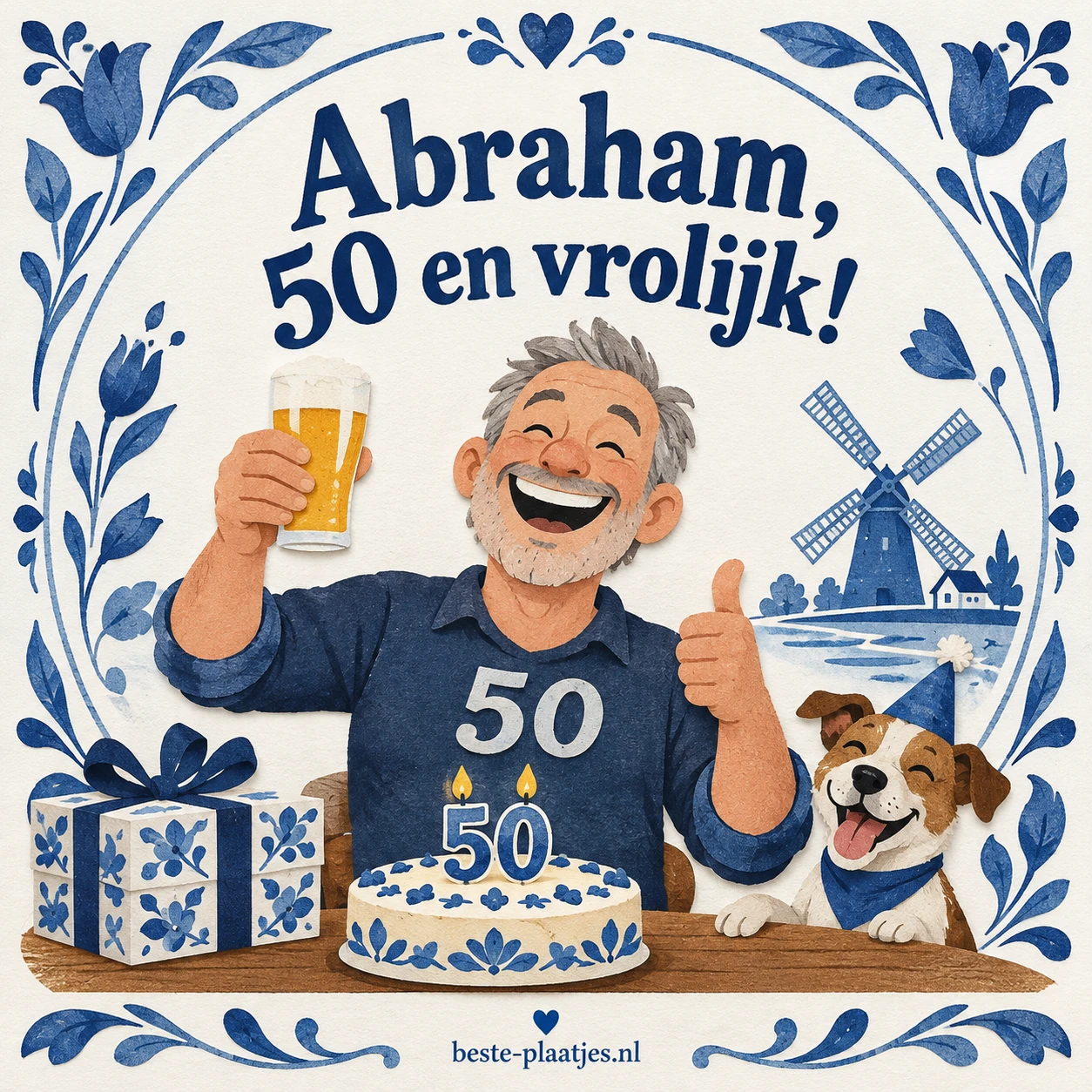 Een lachende Abraham heft het glas op een Delfts blauwe verjaardagskaart. Een lachende Abraham heft het glas op een Delfts blauwe verjaardagskaart.