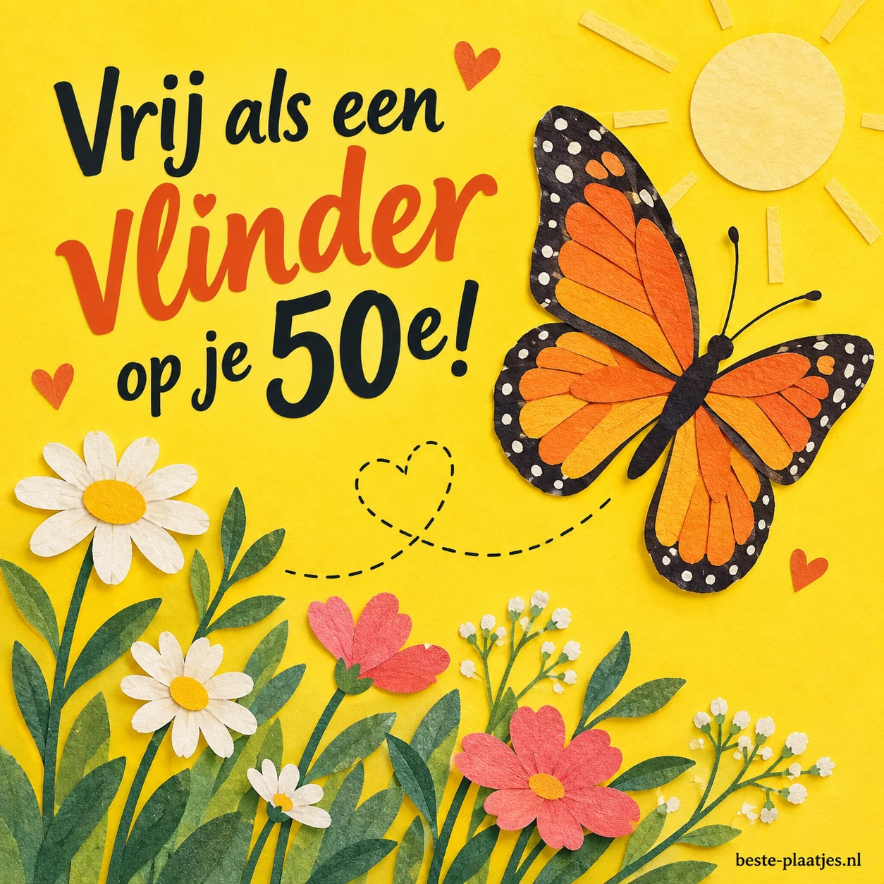 Een vlinder vliegt boven bloemen op een zonnige vijftigste verjaardag. Een vlinder vliegt boven bloemen op een zonnige vijftigste verjaardag.